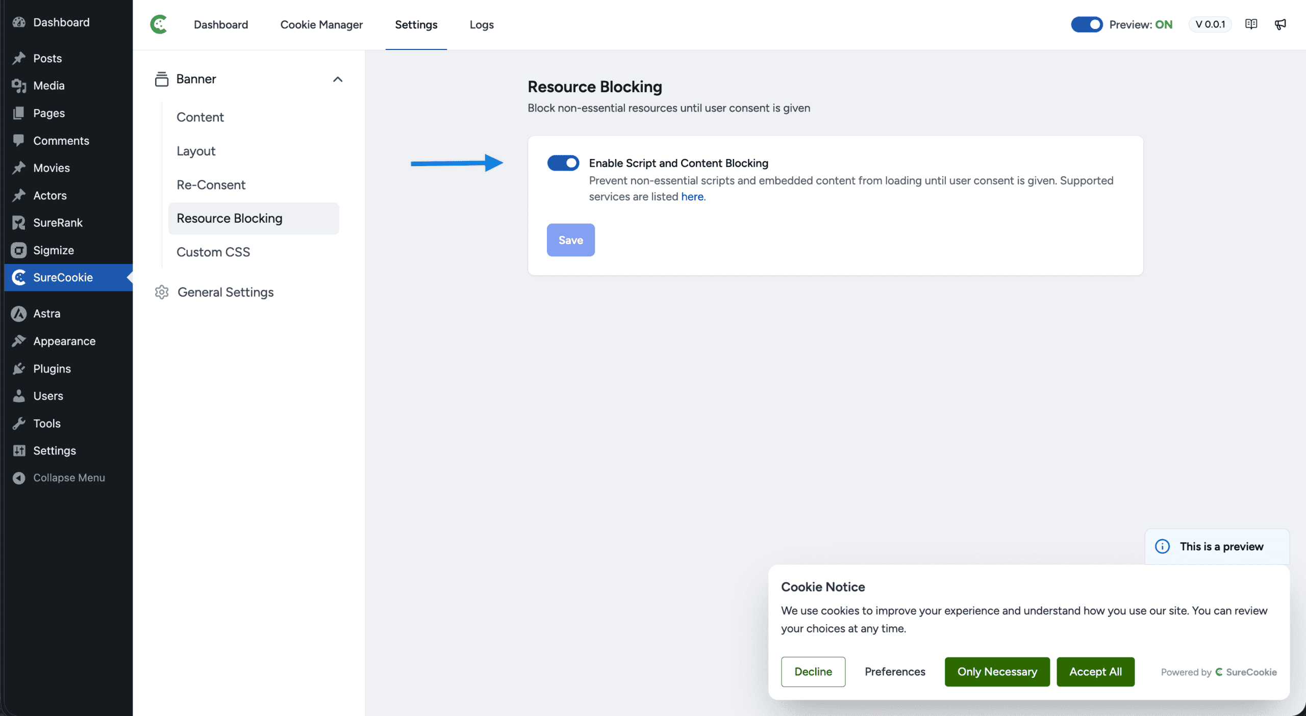 Resource blocking settings in SureCookie for enhanced website security and user privacy.