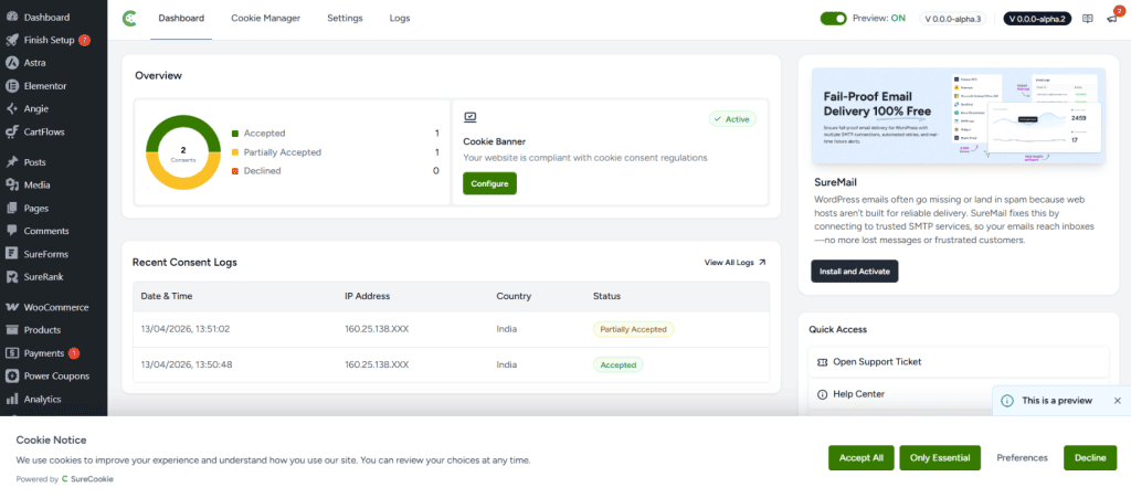 SureCookie Dashboard Overview image