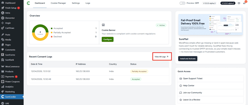 SureCookie Dashboard Overview image