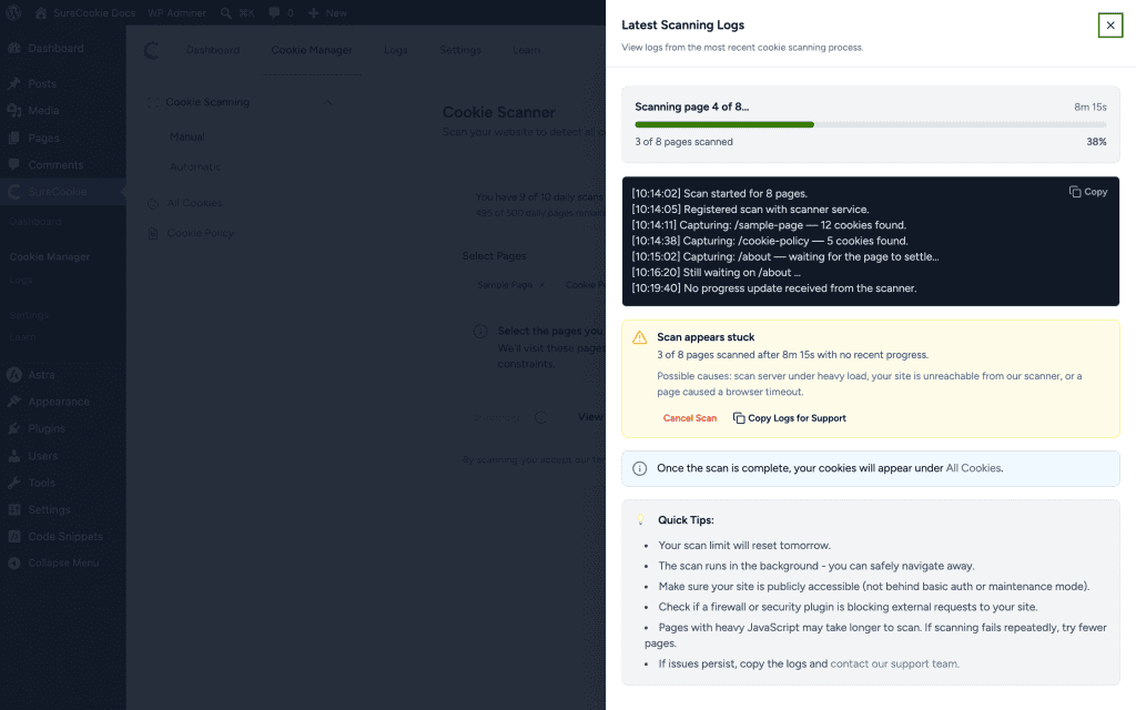 Cookie scanning progress log
