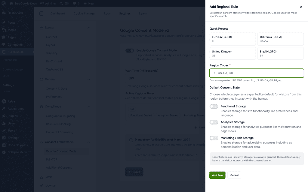 Google Consent Mode settings UI