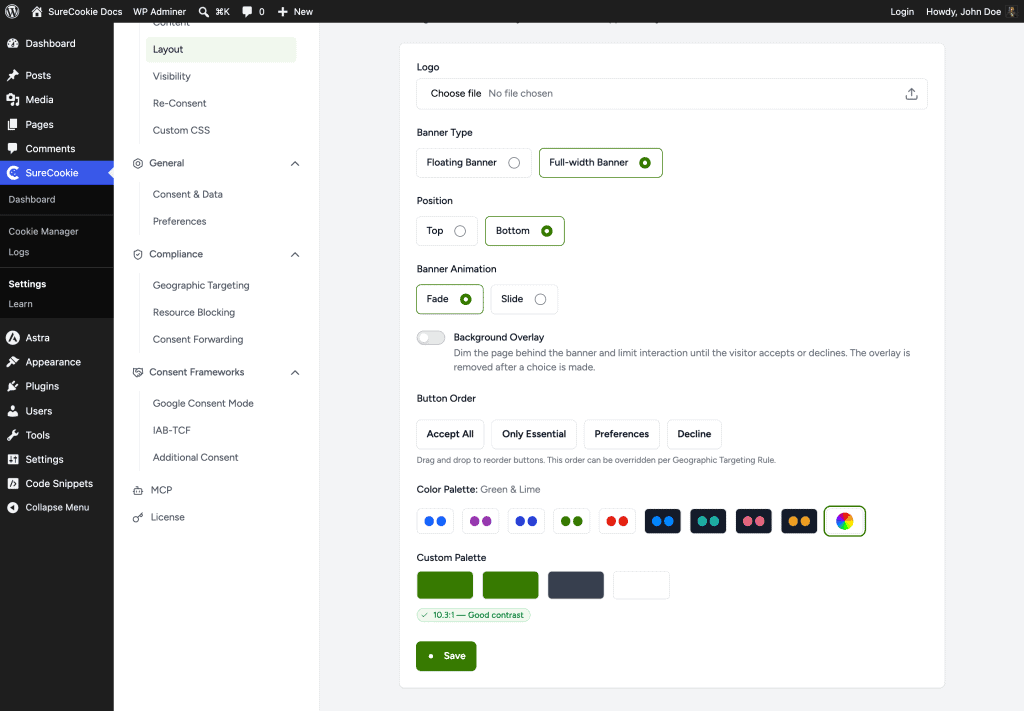 SureCookie banner settings panel