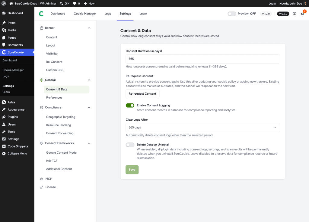 Consent & Data Settings (Duration, Retention, Renew)