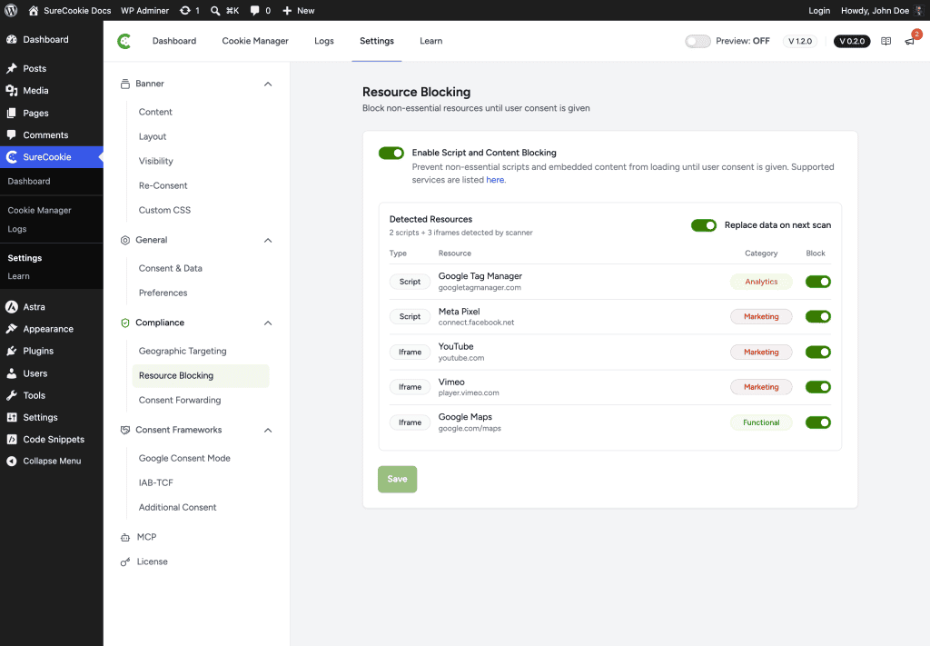 Resource blocking settings for website.