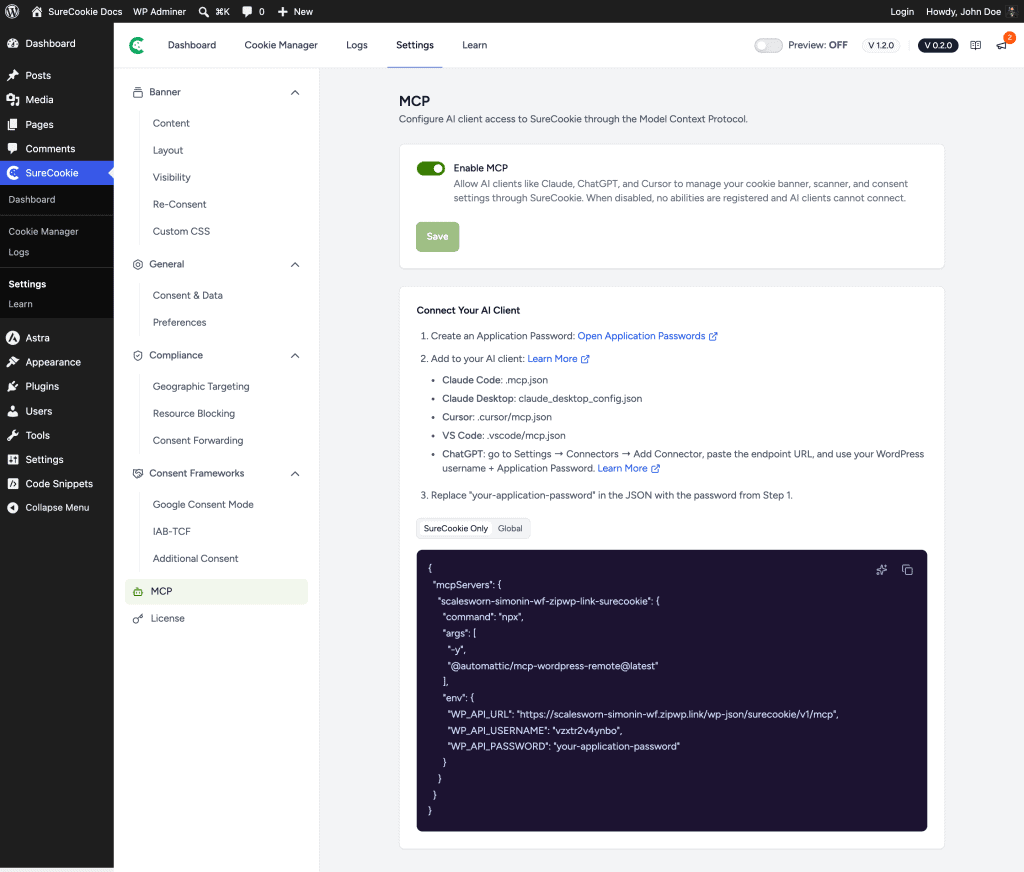 Connecting AI Assistants (MCP) to SureCookie SureCookie MCP settings screen