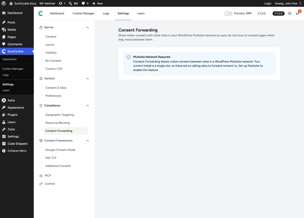 Using SureCookie on Multiple Sites Consent forwarding settings page