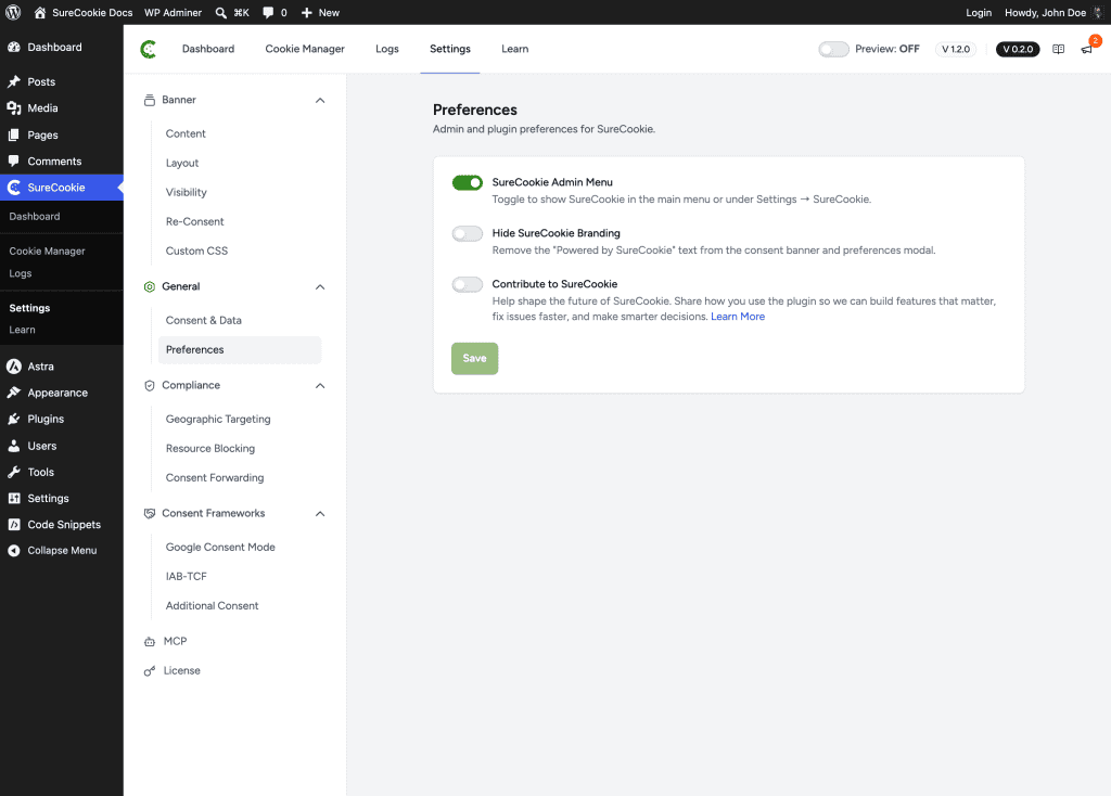 SureCookie settings preferences page